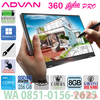 ADVAN LAPTOP 360 STYLUS PRO INTEL CORE i3 MEMORY 8GB - SSD 256GB - FHD 14 INCH  - CAMERA 720P - WIN 11- OHS - A3S-L24-Fi3AD1