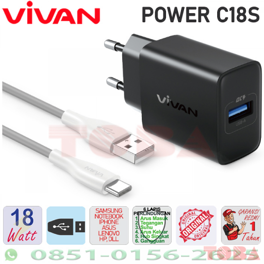 CHARGER VIVAN POWER C18S 3A 18W + KABEL TYPE C BLACK - TCH-VVN-PC18SB