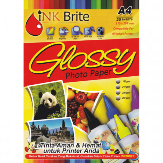 KERTAS PHOTO A4 INK BRITE GLOSY 210 GR ISI 20 LEMBAR - KER-IBX-PPG210