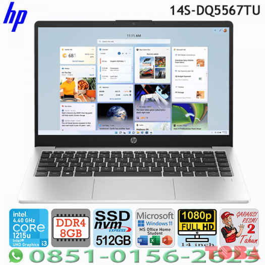LAPTOP HP 14S-DQ5567TU iNTEL CORE i3-1215U - 8GB - SSD 512GB - WIN11 + OHS - 14 INCH FHD - SILVER - 14S-8DQ5567TU