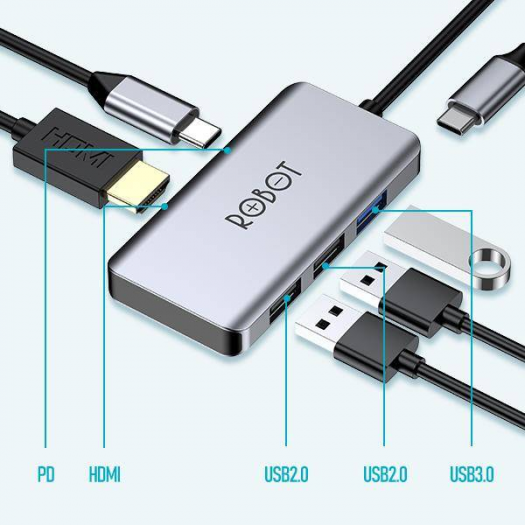 USB HUB TYPE C ROBOT HT255 5 IN 1  - GREY - RBT-UCH-HT2555